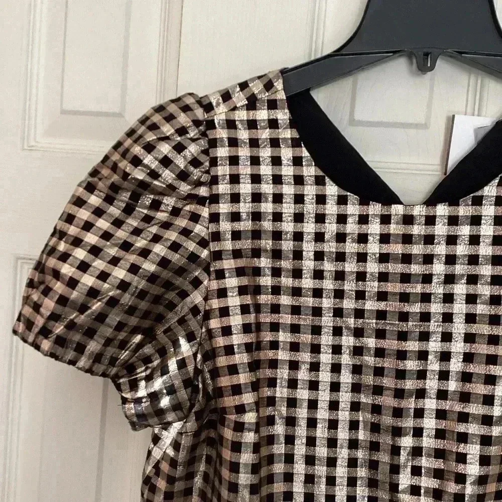 J.Crew Metallic Gold & Black Plaid Puff Sleeve Top Size Medium